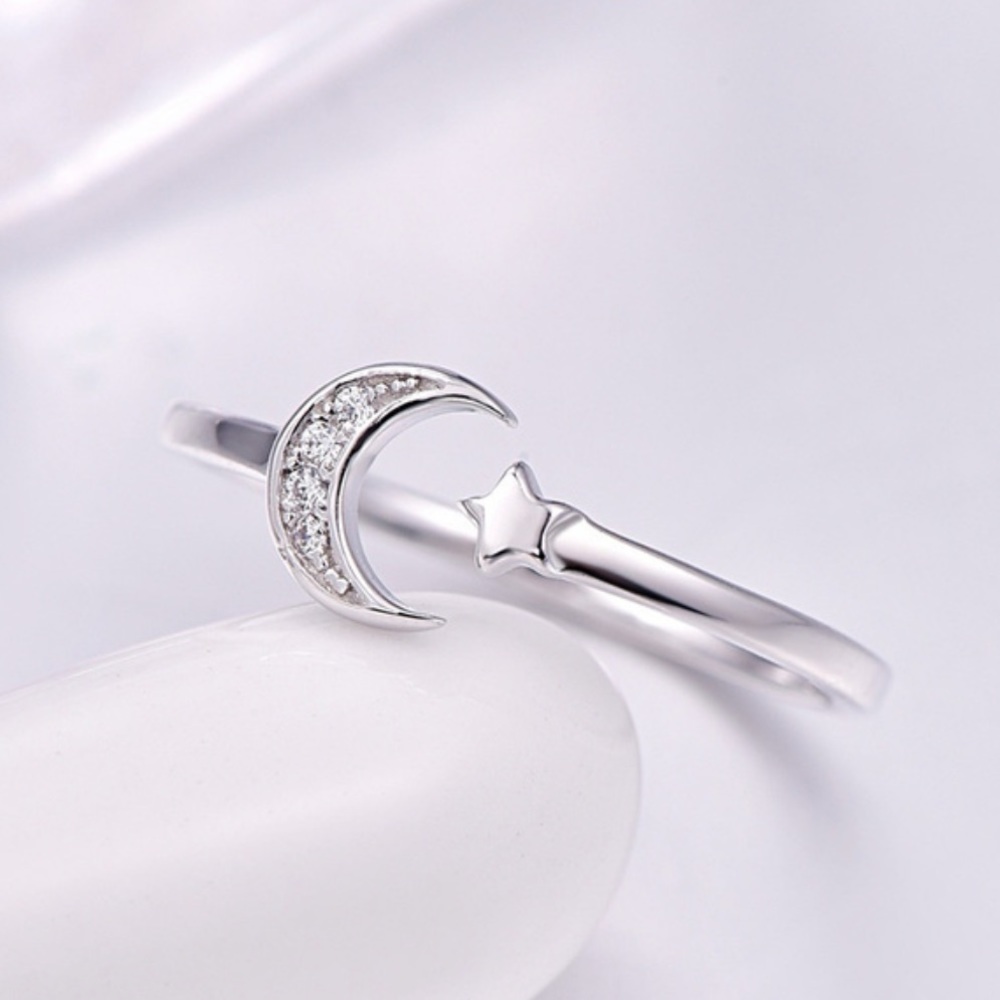 Crescent Moon & Star Adjustable Silver Rings